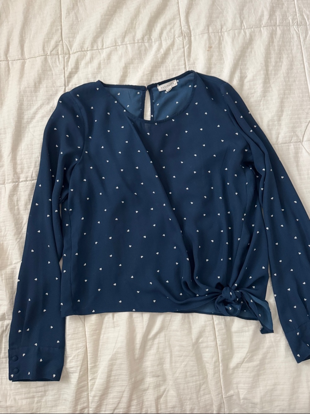 Socialite Navy Long Sleeve Knot-Side Chiffon Blouse White Micro Heart Pattern